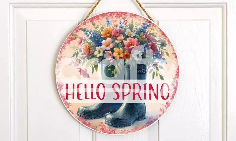 Rain Boots Round Sign | Spring Door Sign Sublimation Design | Crafty